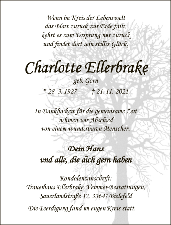 Traueranzeige von Charlotte Ellerbrake von Neue Westfälische
