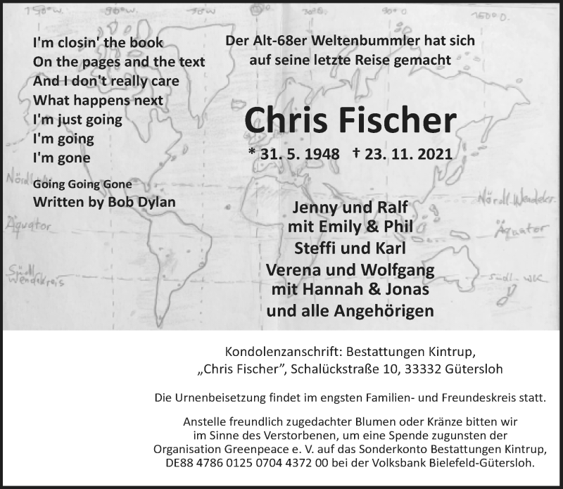  Traueranzeige für Chris Fischer vom 27.11.2021 aus Neue Westfälische