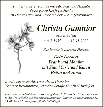 Traueranzeige von Christa Gumnior von Neue Westfälische