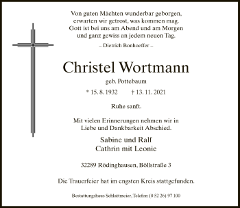 Traueranzeige von Christel Wortmann von Neue Westfälische