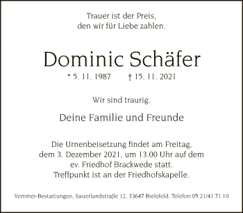 Traueranzeige von Dominic Schäfer von Neue Westfälische