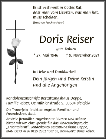 Traueranzeige von Doris Reiser von Neue Westfälische