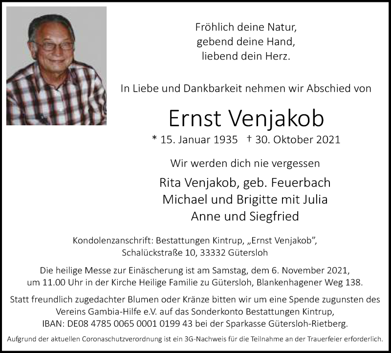  Traueranzeige für Ernst Venjakob vom 03.11.2021 aus Neue Westfälische