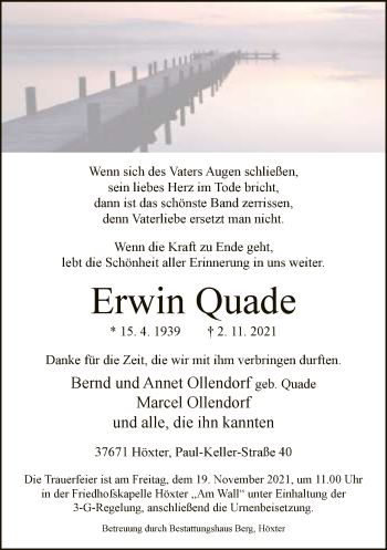 Traueranzeige von Erwin Quade von Neue Westfälische