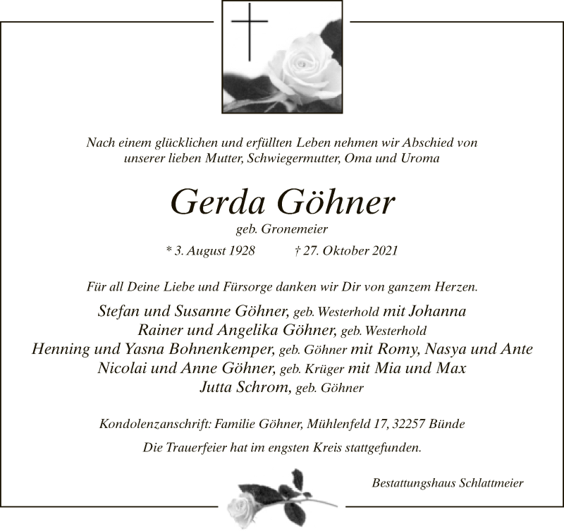  Traueranzeige für Gerda Göhner vom 13.11.2021 aus Neue Westfälische