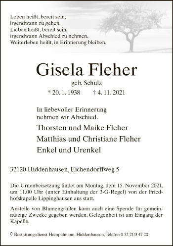 Traueranzeige von Gisela Fleher von Neue Westfälische