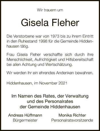 Traueranzeige von Gisela Fleher von Neue Westfälische