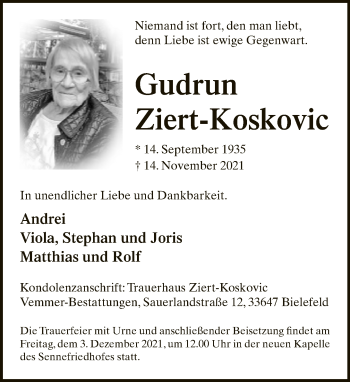 Traueranzeige von Gudrun Ziert-Koskovic von Neue Westfälische