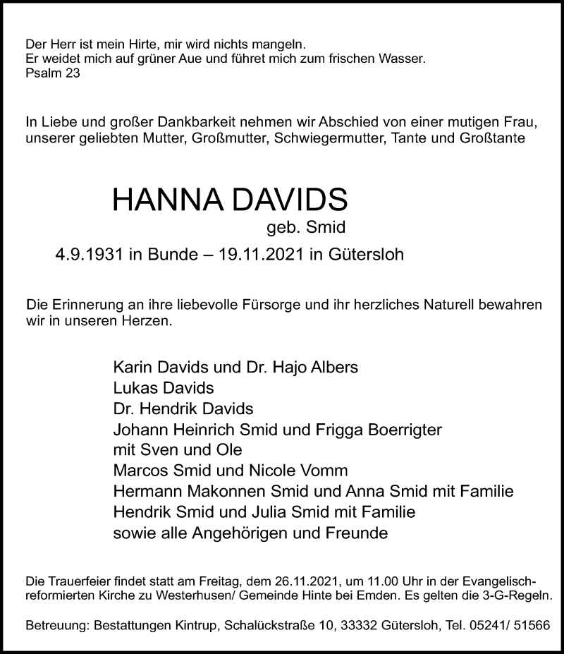  Traueranzeige für Hanna Davids vom 24.11.2021 aus Neue Westfälische