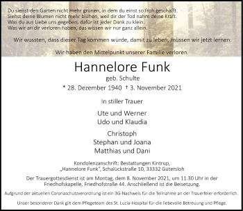 Traueranzeige von Hannelore Funk von Neue Westfälische