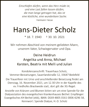 Traueranzeige von Hans-Dieter Scholz von Neue Westfälische
