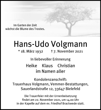 Traueranzeige von Hans-Udo Volgmann von Neue Westfälische