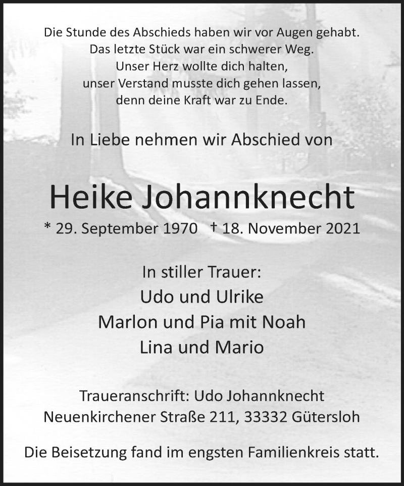  Traueranzeige für Heike Johannknecht vom 27.11.2021 aus Neue Westfälische