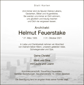 Traueranzeige von Helmut Feuerstake von Neue Westfälische