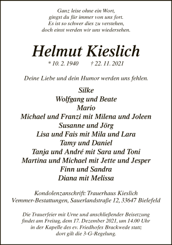 Traueranzeige von Helmut Kieslich von Neue Westfälische