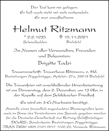 Traueranzeige von Helmut Ritzmann von Neue Westfälische