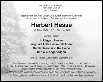 Traueranzeige von Herbert Hesse von Neue Westfälische