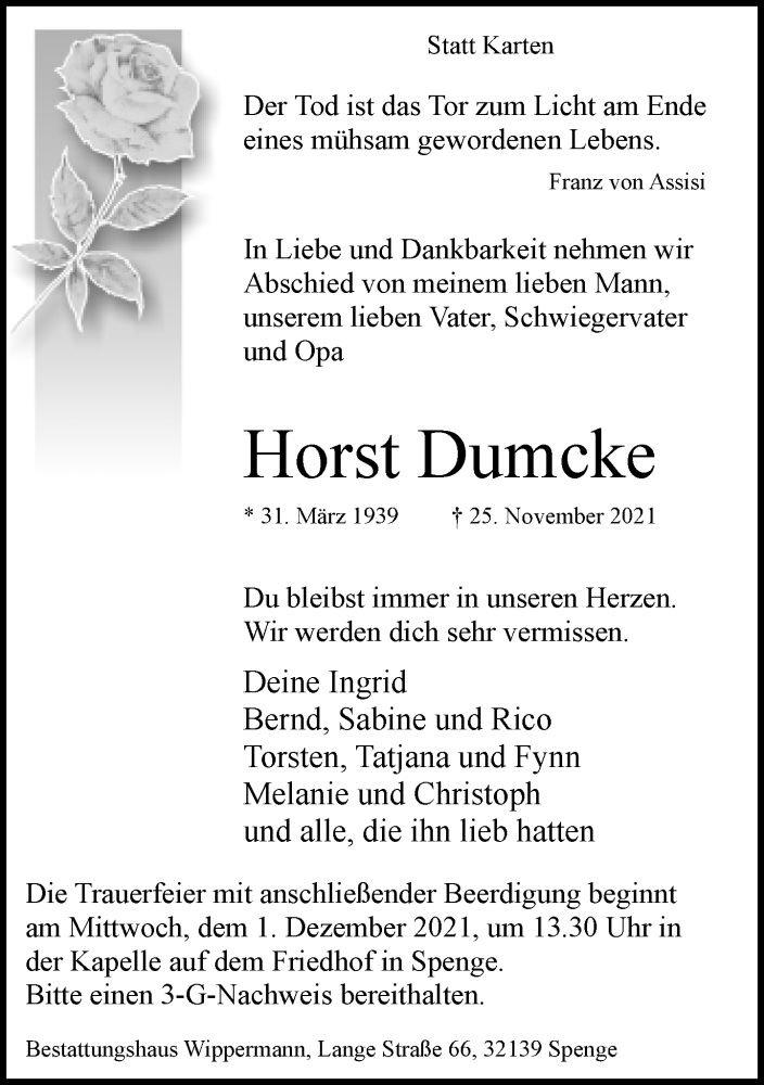  Traueranzeige für Horst Dumcke vom 27.11.2021 aus Neue Westfälische