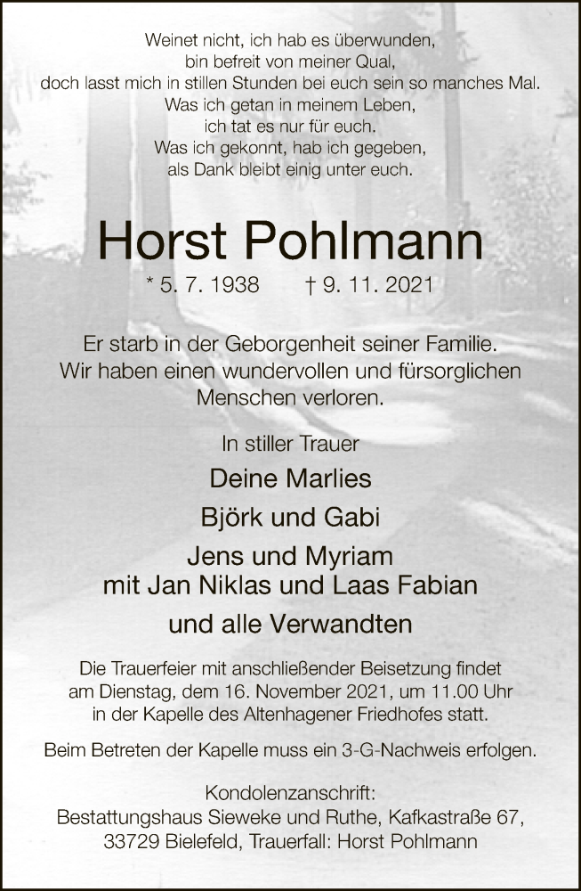  Traueranzeige für Horst Pohlmann vom 13.11.2021 aus Neue Westfälische