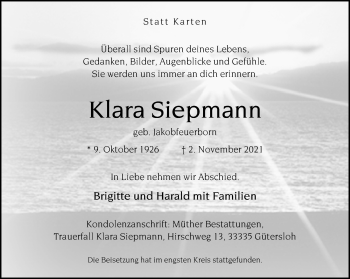 Traueranzeige von Klara Siepmann von Neue Westfälische
