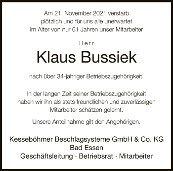 Traueranzeige von Klaus Bussiek von Neue Westfälische