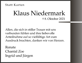 Traueranzeige von Klaus Niedermark von Neue Westfälische