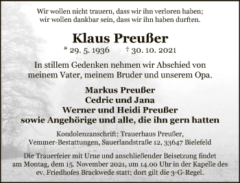 Traueranzeige von Klaus Preußer von Neue Westfälische
