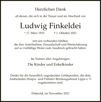 Traueranzeige von Ludwig Finkeldei von Neue Westfälische