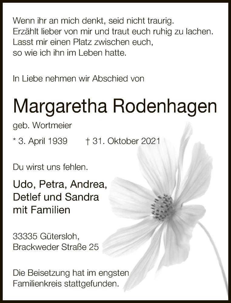  Traueranzeige für Margaretha Rodenhagen vom 06.11.2021 aus Neue Westfälische