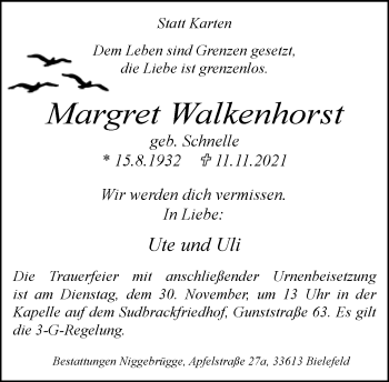 Traueranzeige von Margret Walkenhorst von Neue Westfälische