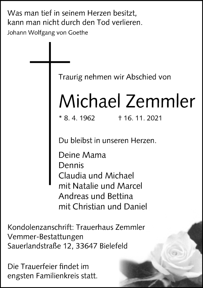  Traueranzeige für Michael Zemmler vom 20.11.2021 aus Neue Westfälische