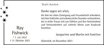 Traueranzeige von Ray Fisheick von Neue Westfälische