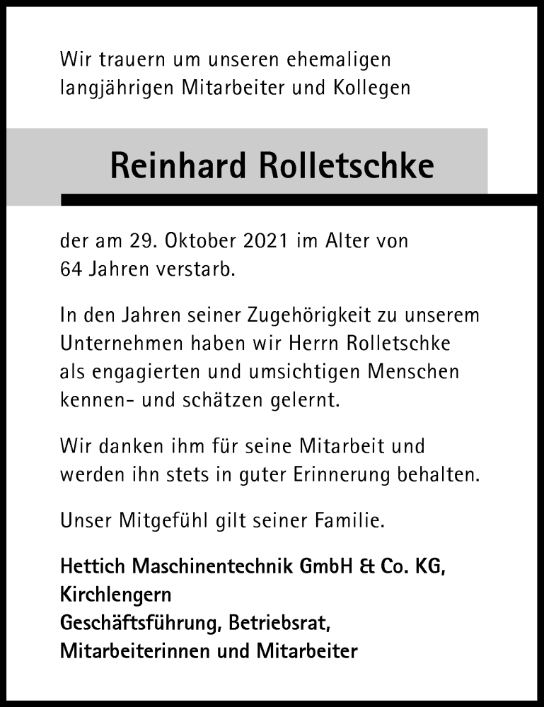  Traueranzeige für Reinhard Rolletschke vom 09.11.2021 aus Neue Westfälische
