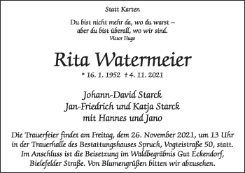 Traueranzeige von Rita Watermeier von Neue Westfälische