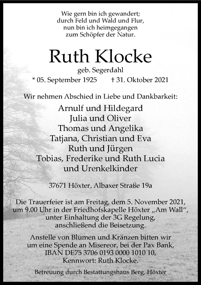  Traueranzeige für Ruth Klocke vom 03.11.2021 aus Neue Westfälische