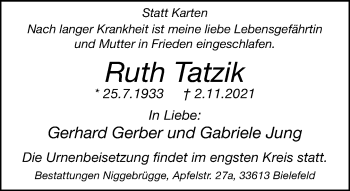 Traueranzeige von Ruth Tatzik von Neue Westfälische