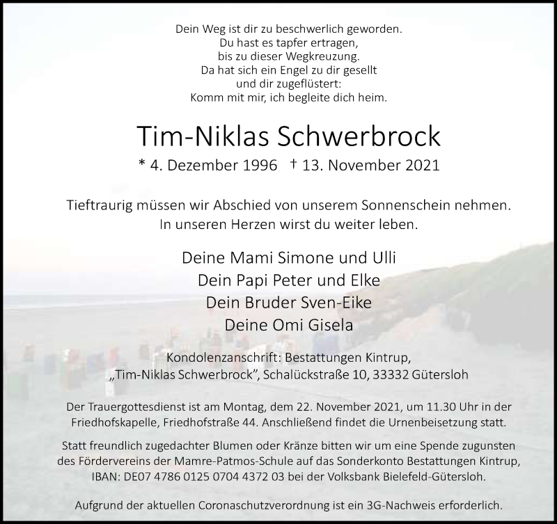  Traueranzeige für Tim-Niklas Schwerbrock vom 17.11.2021 aus Neue Westfälische