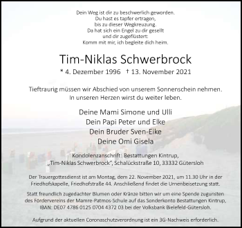 Traueranzeige von Tim-Niklas Schwerbrock von Neue Westfälische