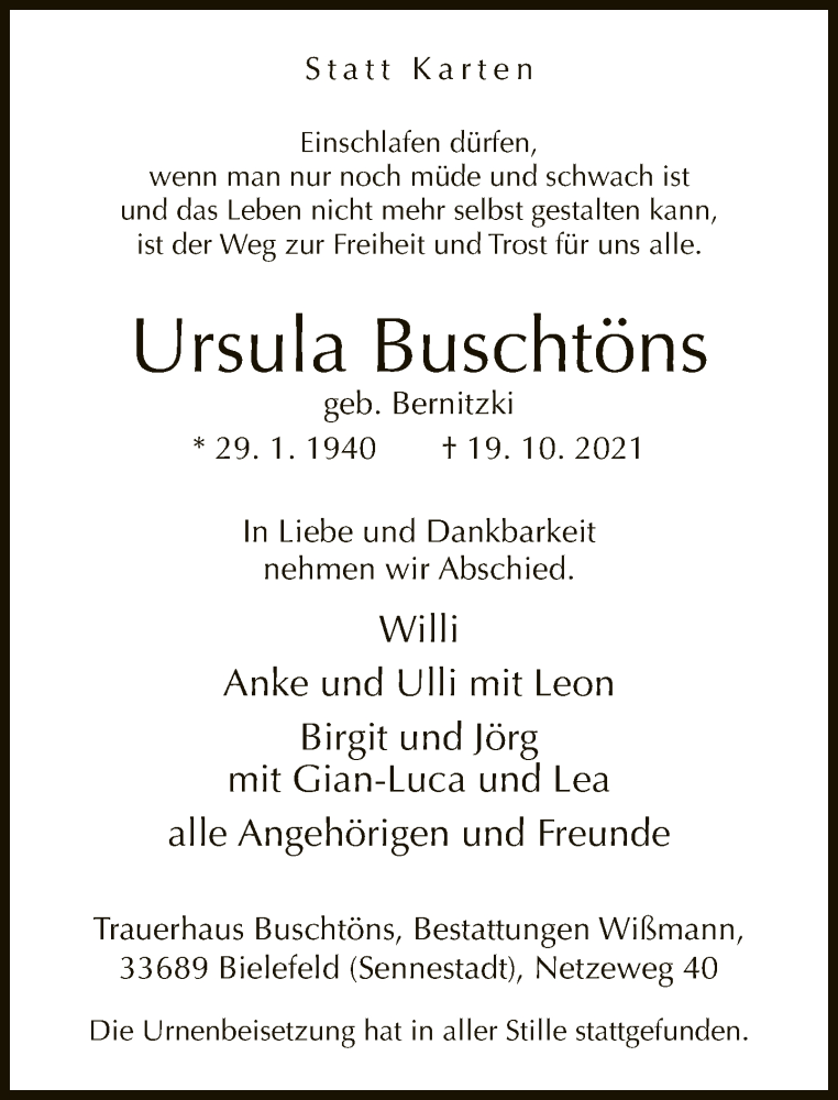  Traueranzeige für Ursula Buschtöns vom 06.11.2021 aus Neue Westfälische