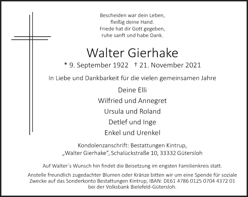  Traueranzeige für Walter Gierhake vom 27.11.2021 aus Neue Westfälische