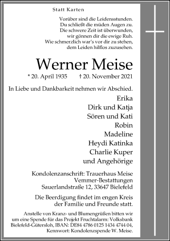 Traueranzeige von Werner Meise von Neue Westfälische
