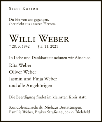 Traueranzeige von Willi Weber von Neue Westfälische