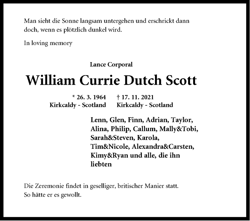  Traueranzeige für William Currie Dutch Scott vom 27.11.2021 aus Neue Westfälische