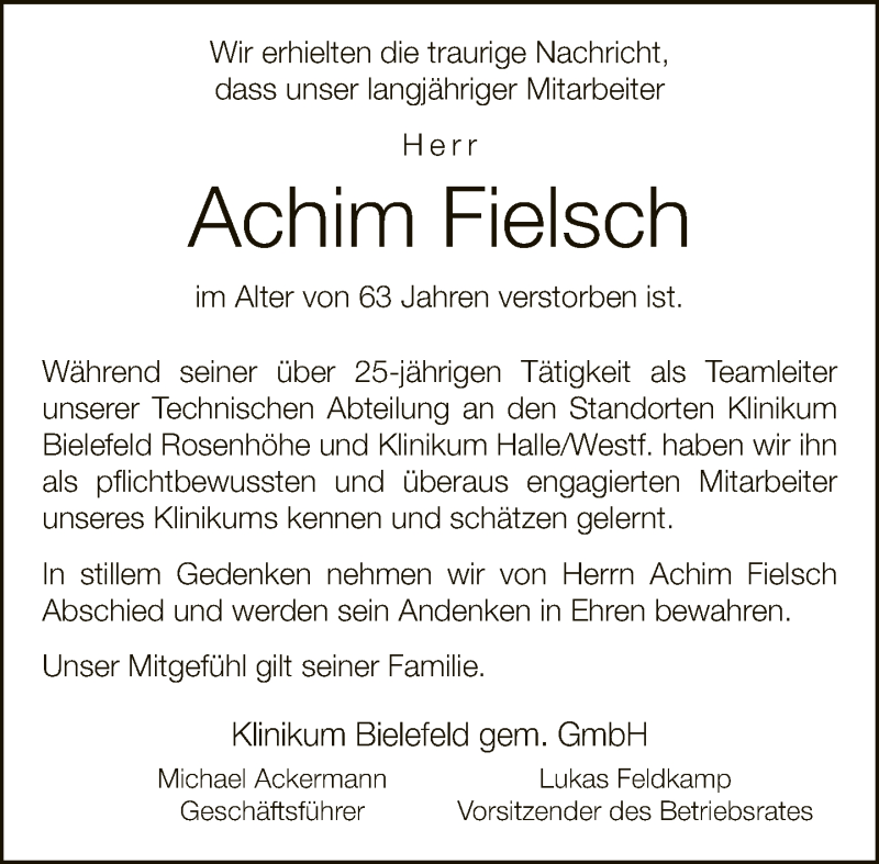  Traueranzeige für Achim Fielsch vom 04.12.2021 aus Neue Westfälische