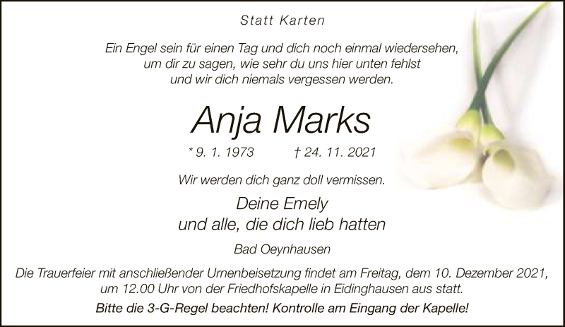  Traueranzeige für Anja Marks vom 04.12.2021 aus Neue Westfälische