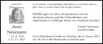 Traueranzeige von Anni Neumann von Neue Westfälische