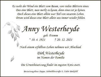 Traueranzeige von Anny Westerheyde von Neue Westfälische