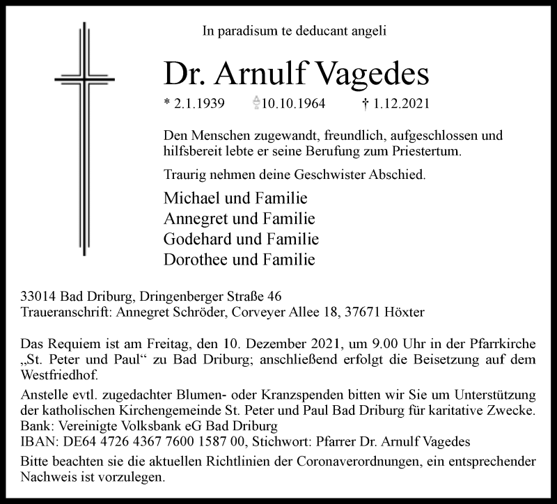  Traueranzeige für Arnulf Vagedes vom 04.12.2021 aus Neue Westfälische