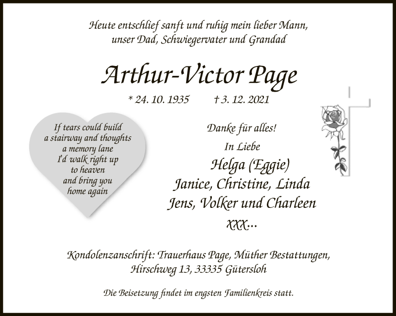  Traueranzeige für Arthur-Victor Page vom 08.12.2021 aus Neue Westfälische