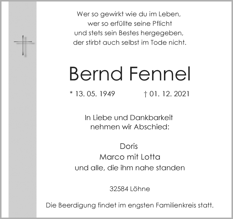  Traueranzeige für Bernd Fennel vom 04.12.2021 aus Neue Westfälische